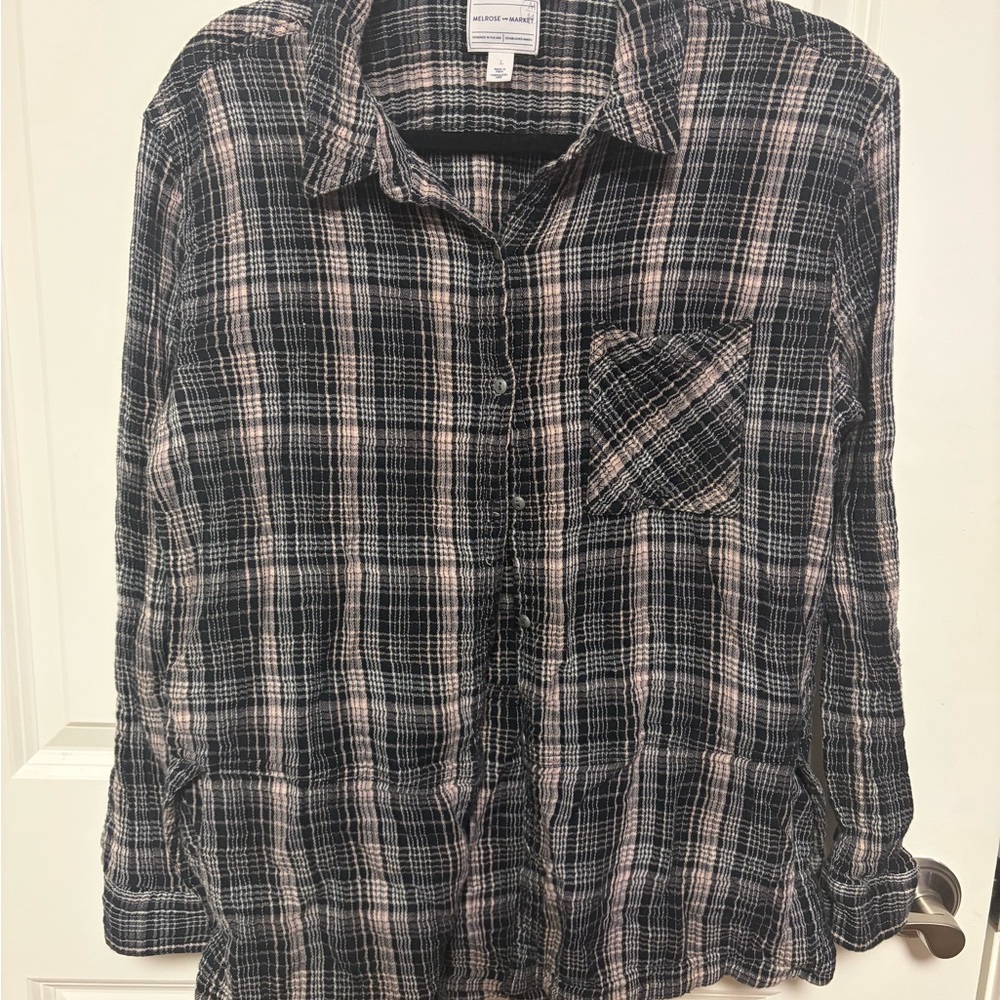 Melrose and Market Black and Pink Plaid Button Down Shirt